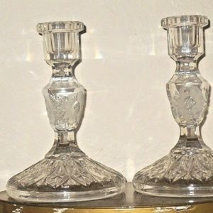 Rare 2 Crystal Etched Flowers Candlestick Holder